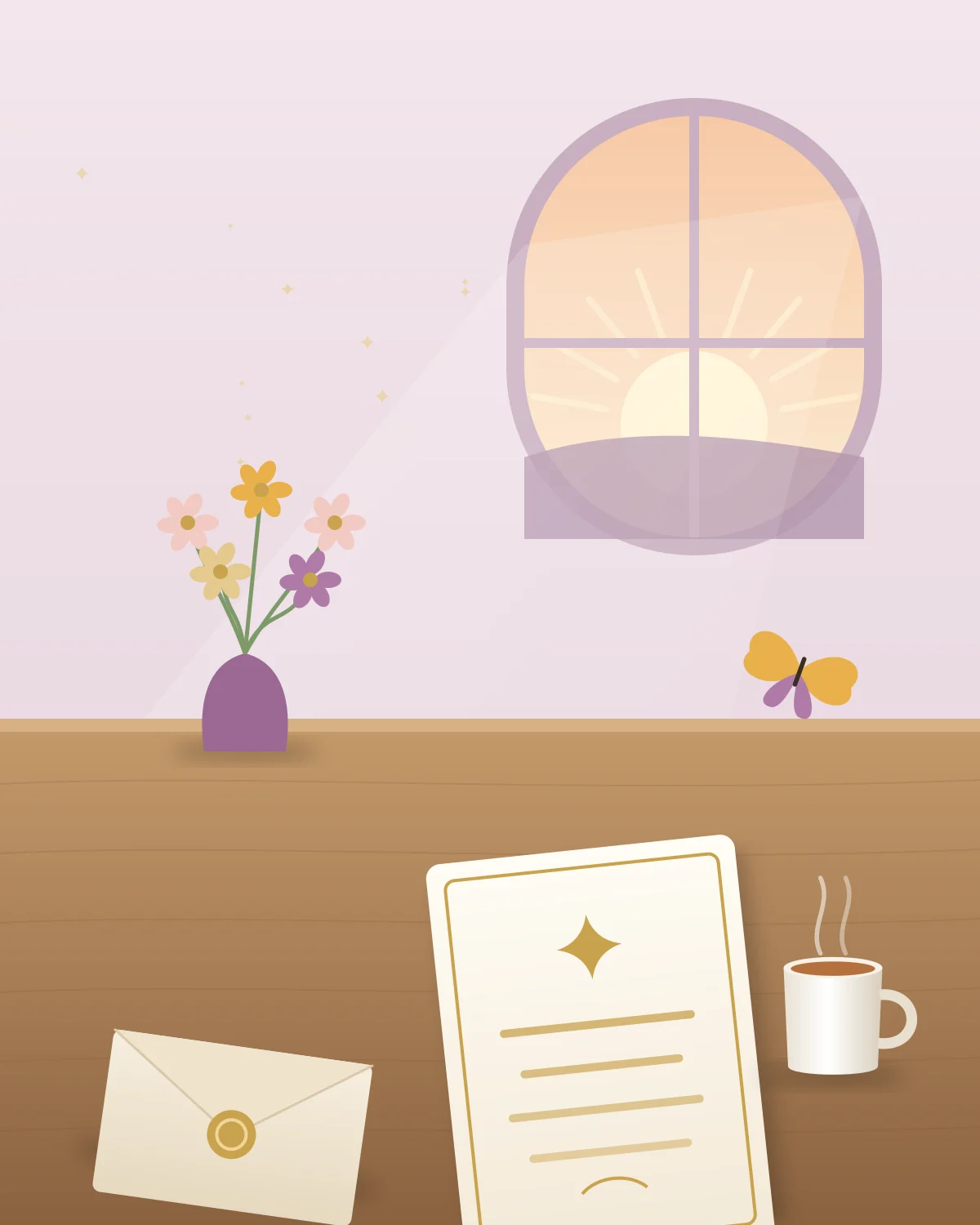 Illustration of an affirmation card with a gold star propped by a vase of flowers, an envelope with a gold seal and a cup of tea in morning light