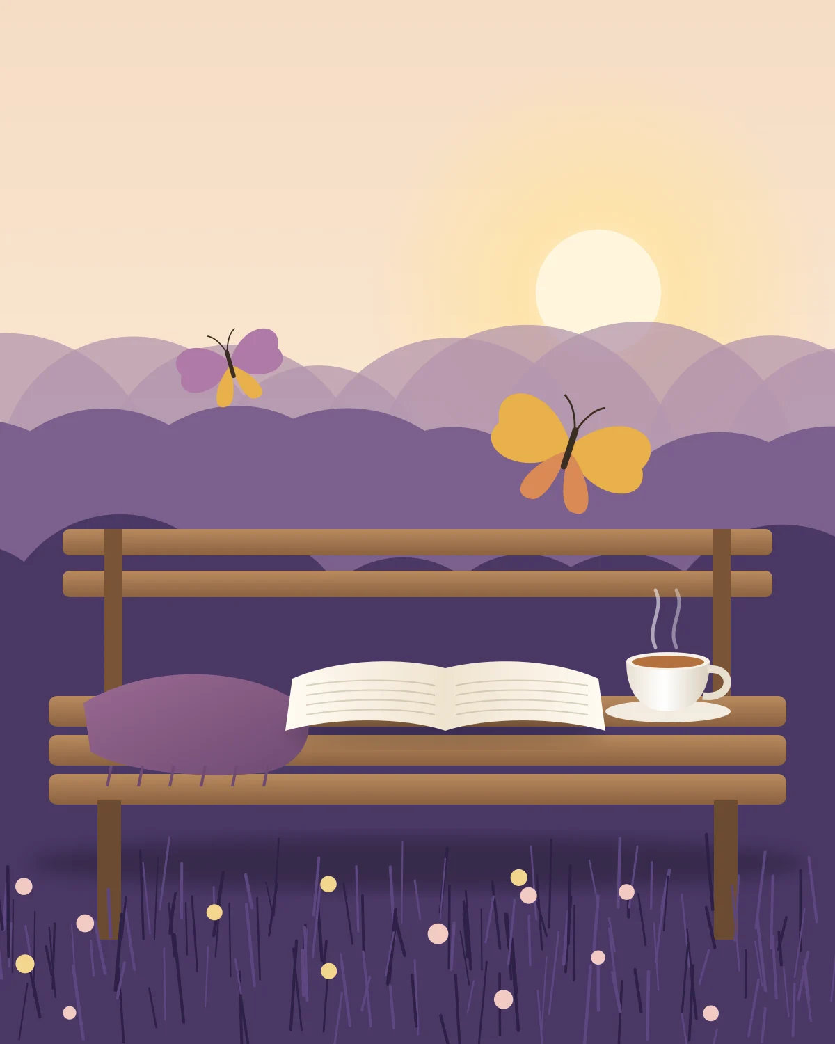 Illustration of an open book, a cup of tea and a shawl on a garden bench at golden hour, with two butterflies