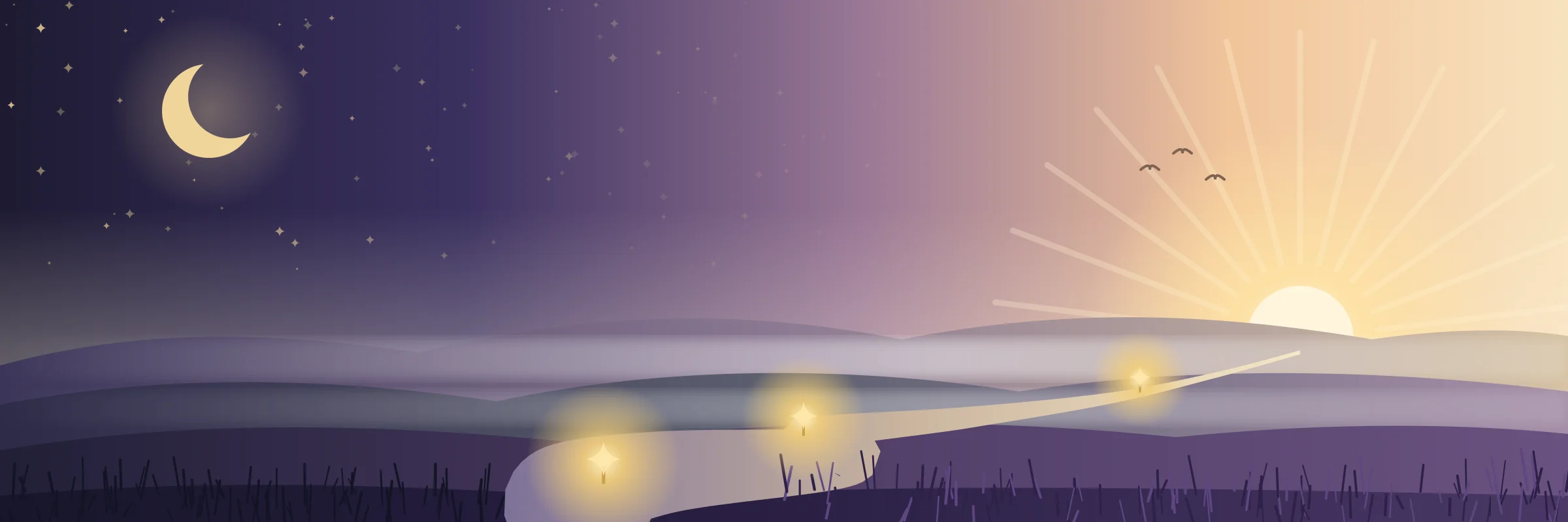 Illustration of a path winding from a starry night towards a sunrise, with three small lights along the way