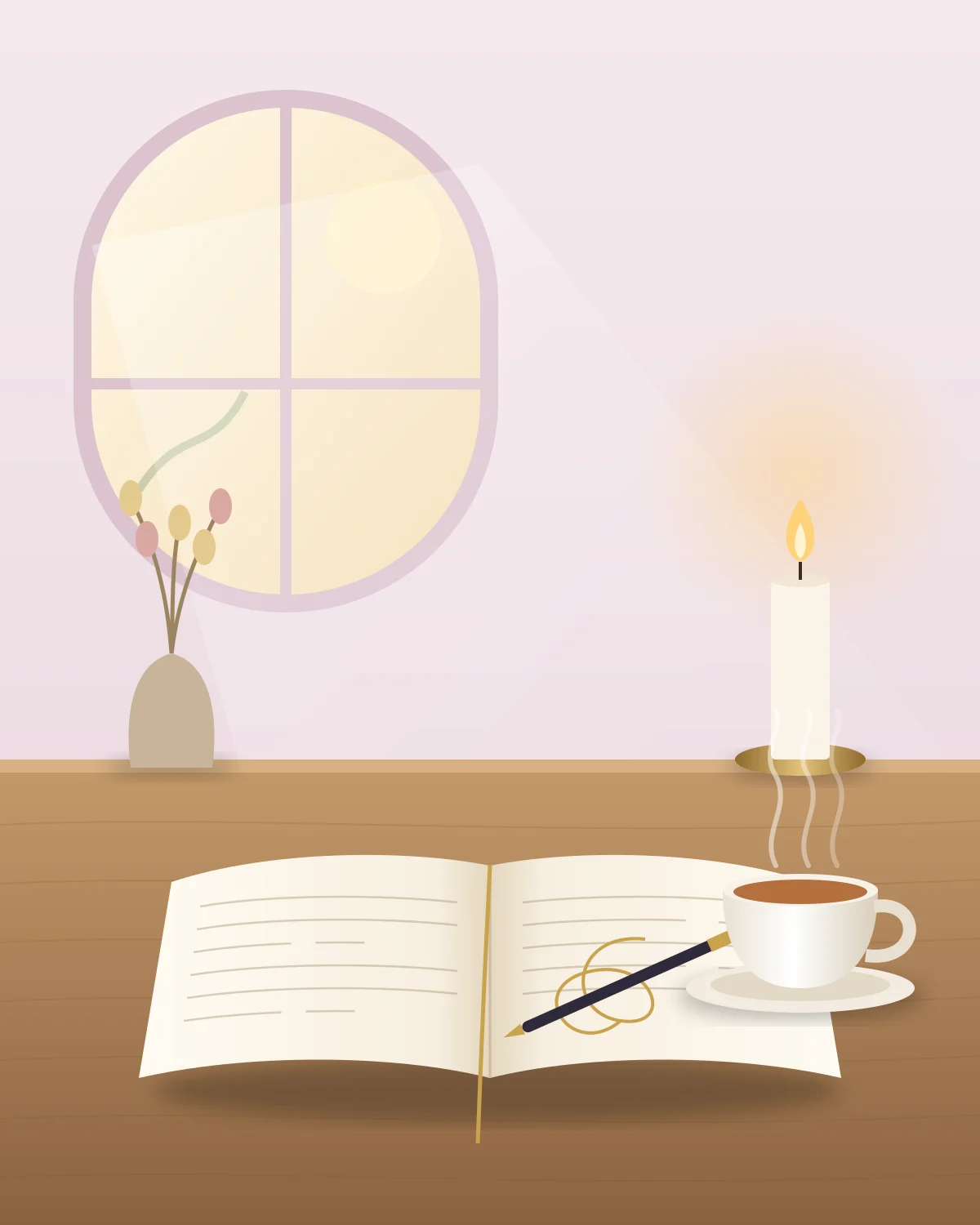 Illustration of an open journal, a cup of tea and a candle on a table by a sunlit window