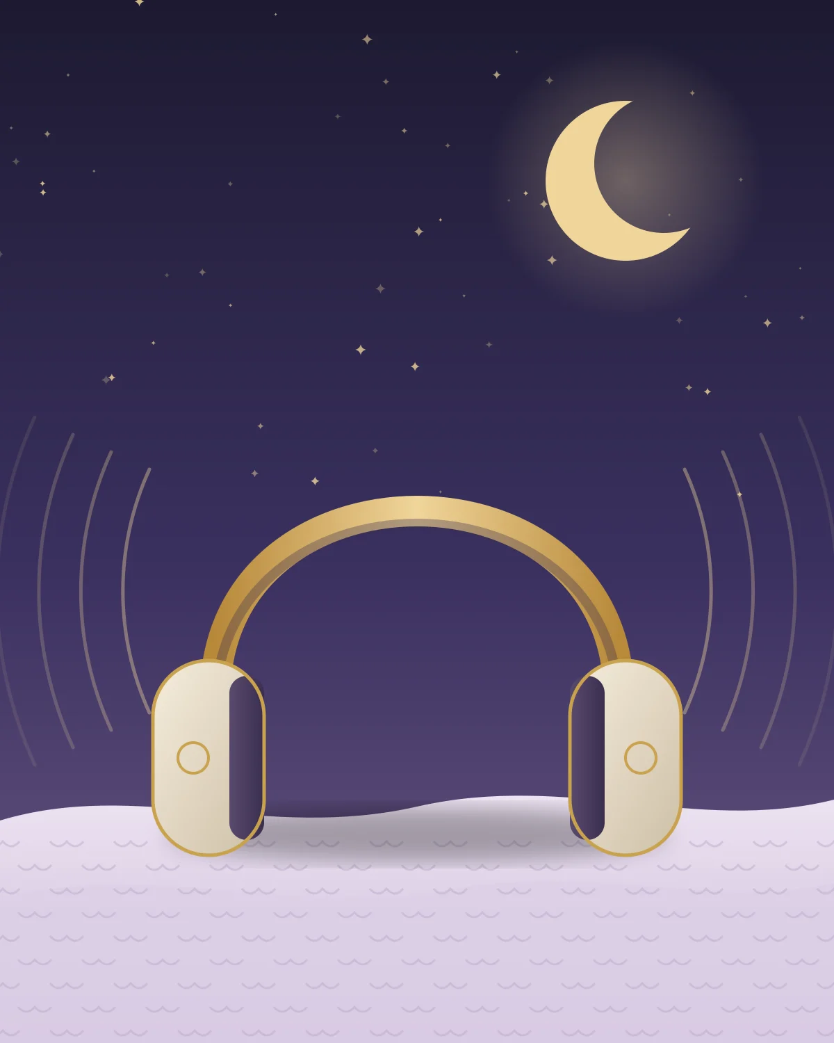 Illustration of headphones resting on a soft blanket under a crescent moon, with gentle sound waves