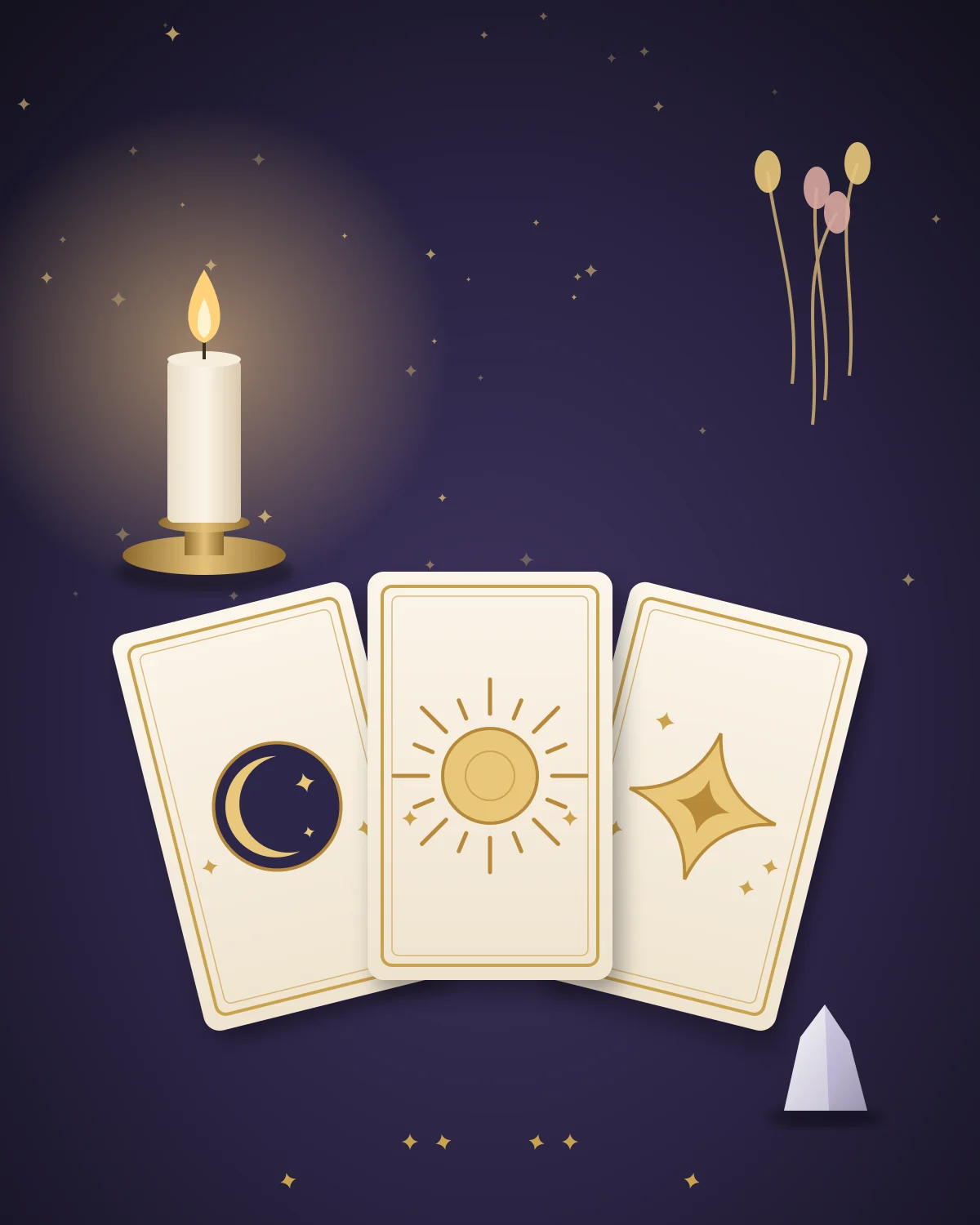 Illustration of three tarot cards showing a moon, a sun and a star, beside a lit candle