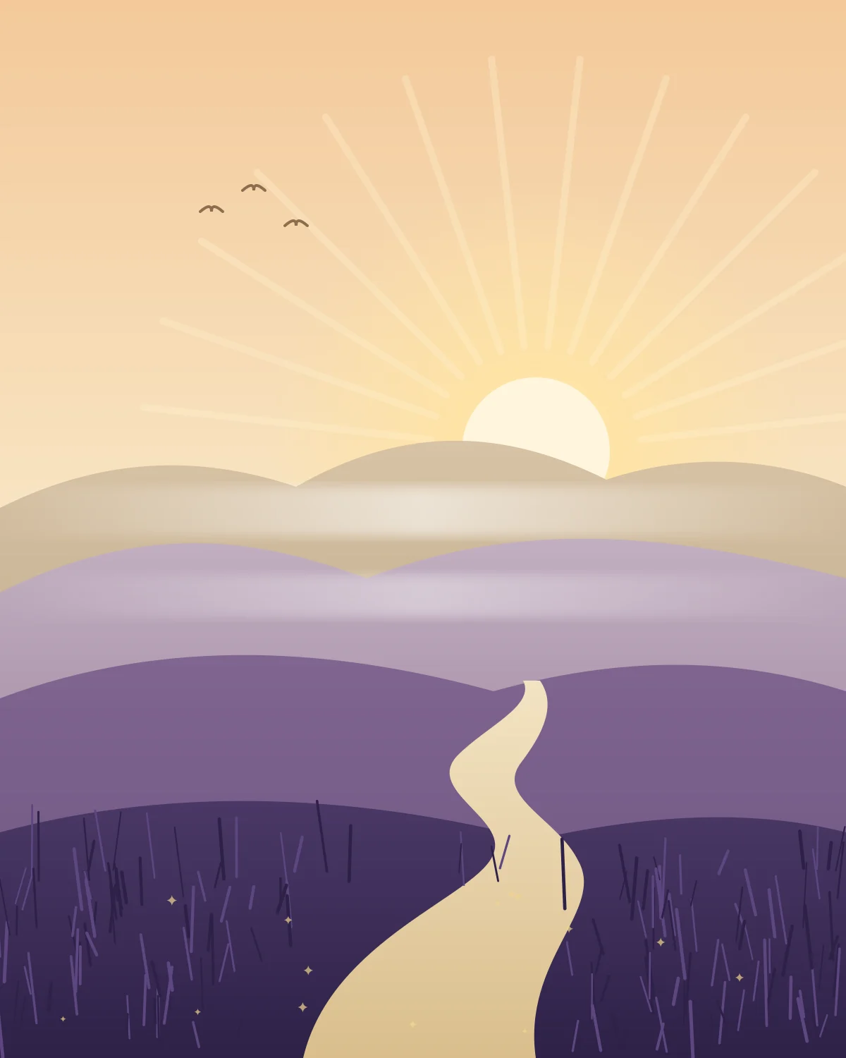 Illustration of a winding path through green hills towards a rising sun