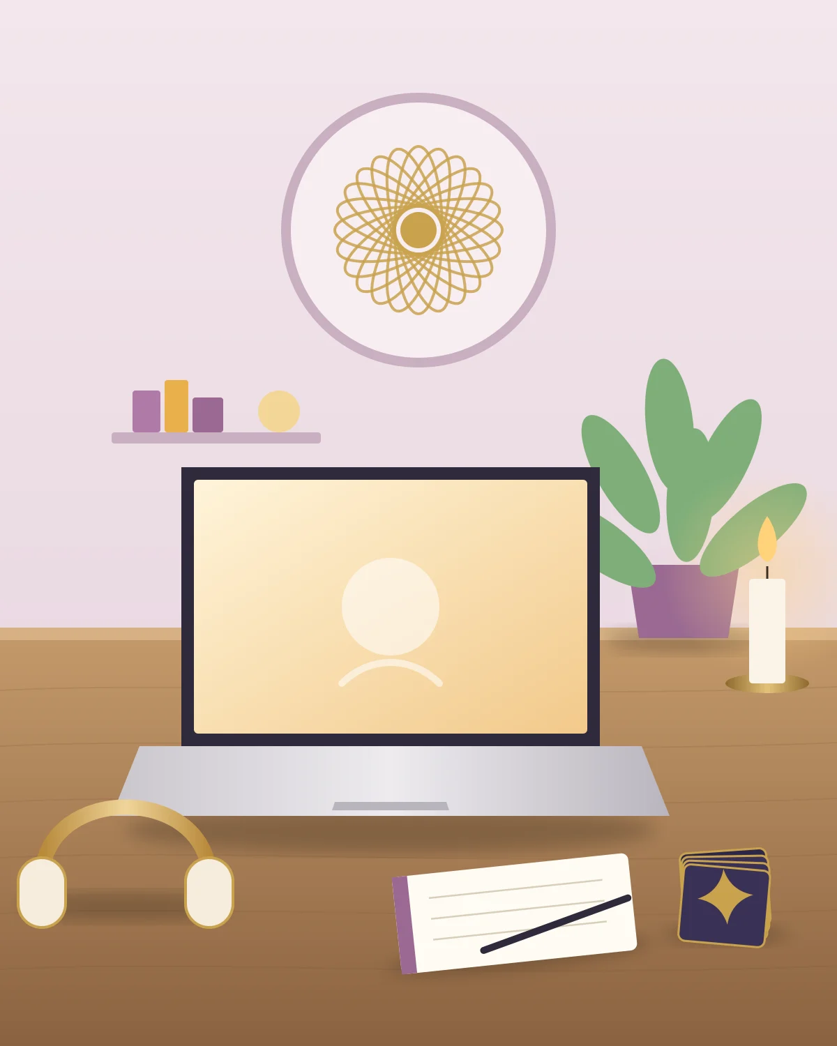 Illustration of a calm desk with a laptop, headphones, a notebook, a tarot deck, a candle and a plant